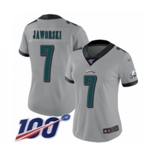 Women's Philadelphia Eagles #7 Ron Jaworski Limited Silver Inverted Legend 100th Season Football Jersey - Ujersey