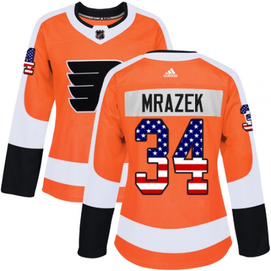 Women's Adidas Philadelphia Flyers #34 Petr Mrazek Authentic Orange USA Flag Fashion NHL Jersey