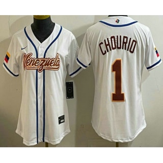 Women's Venezuela #1 Jackson Chourio White 2026 World Baseball Classic Cool Base Jersey