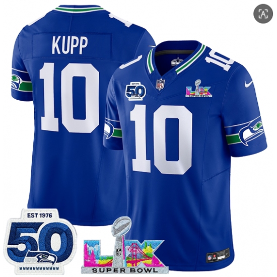 Men's Seattle Seahawks#10 Cooper Kupp Royal 2025 F.U.S.E. Super Bowl LX And 50th Season Vapor Throwback Limited Football Stitched Jersey - Ujersey