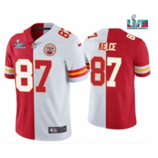 Men’s Kansas City Chiefs #87 Travis Kelce Red & White Split Super Bowl LVII Patch Limited Stitched Jersey - Ujersey