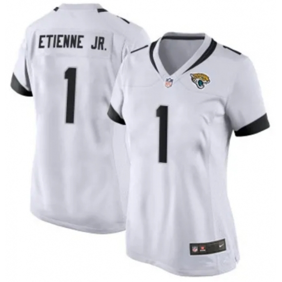 Women Jacksonville Jaguars #1 Travis Etienne JR White 2024 Prowler Throwback Vapor Limited Stitched Football Jersey - Ujersey