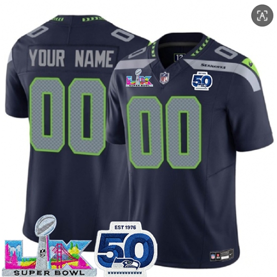 Men's Seattle Seahawks Active Player Custom Navy 2025 F.U.S.E. Super Bowl LX Patch And 50th Season Patch Vapor Limited Stitched Jersey - Ujersey
