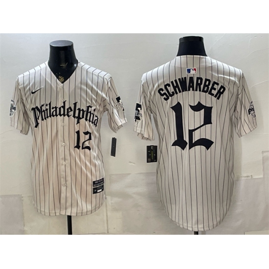 Men's Philadelphia Phillies #12 Kyle Schwarber Cream Pinstripe Gothic Vapor Limited Stitched Jersey - Ujersey
