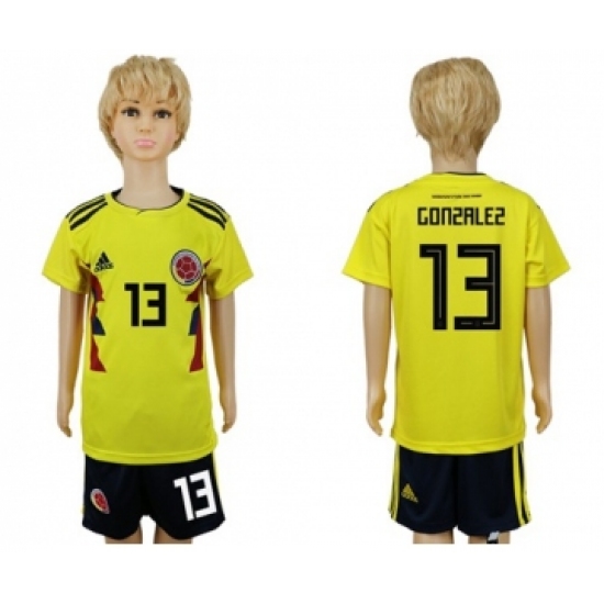Colombia #13 Gonzalez Home Kid Soccer Country Jersey