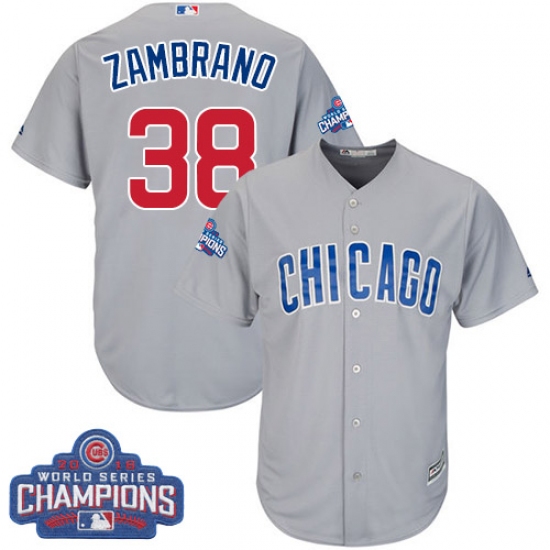 Youth Majestic Chicago Cubs #38 Carlos Zambrano Authentic Grey Road 2016 World Series Champions Cool Base MLB Jersey - Ujersey