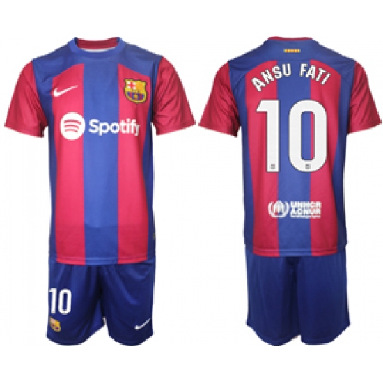 Men's Barcelona #10 Ansu Fati Blue Red 2023-24 Home Soccer Jersey