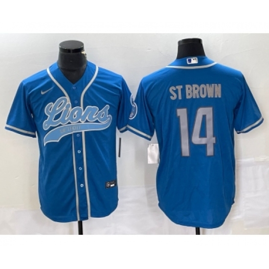 Men's Nike Detroit Lions #14 Amon Ra St Brown Blue Cool Base Stitched Baseball Jersey - Ujersey