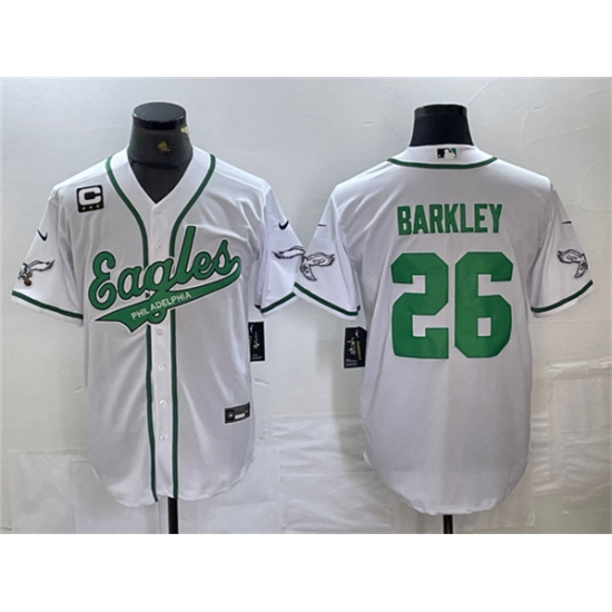 Men's Philadelphia Eagles #26 Saquon Barkley White With 3-star C Cool Base Baseball Stitched Jerseys - Ujersey