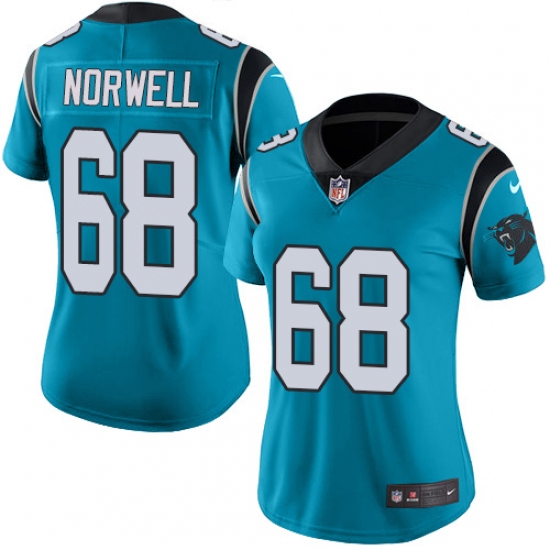 Women's Nike Carolina Panthers #68 Andrew Norwell Limited Blue Rush Vapor Untouchable NFL Jersey - Ujersey