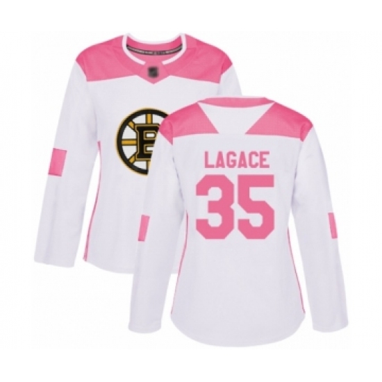Women's Boston Bruins #35 Maxime Lagace Authentic White Pink Fashion Hockey Jersey - Ujersey