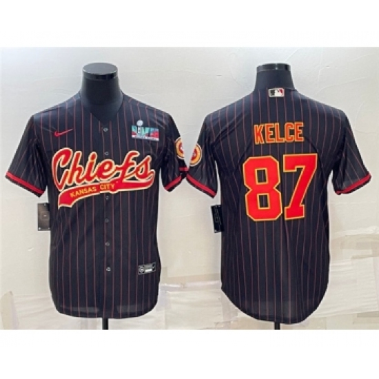 Men's Kansas City Chiefs #87 Travis Kelce Black With Super Bowl LVII Patch Cool Base Stitched Baseball Jersey - Ujersey