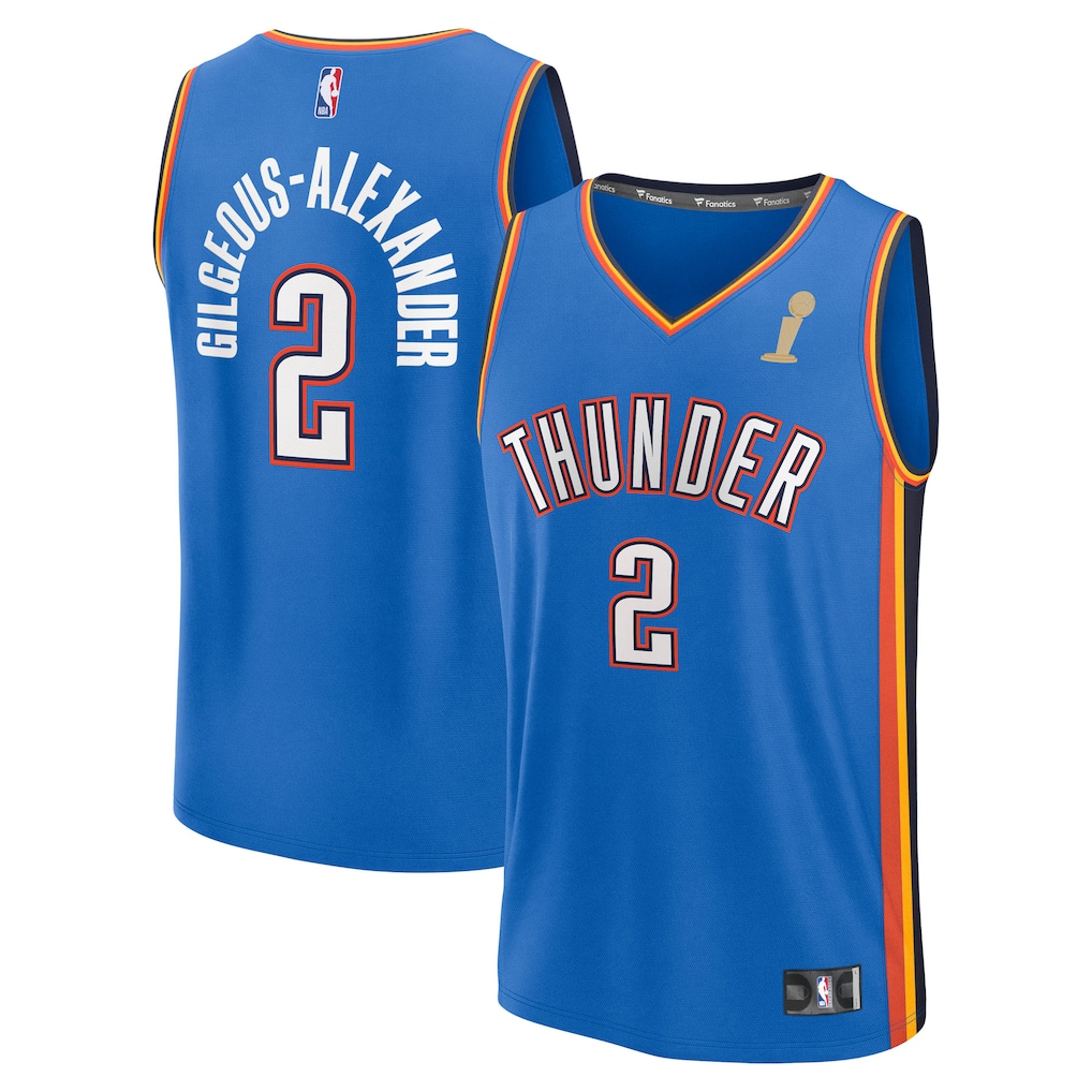 Youth Oklahoma City Thunder Shai Gilgeous-Alexander Fanatics Blue 2025 NBA Finals Champions Fast Break Replica Player Jersey - Icon Edition - Vujersey Los Angeles Rams