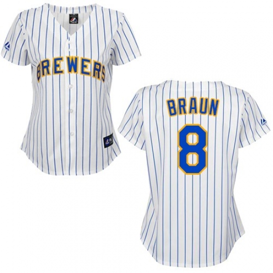 Women's Majestic Milwaukee Brewers #8 Ryan Braun Replica White/Blue Strip MLB Jersey - Ujersey