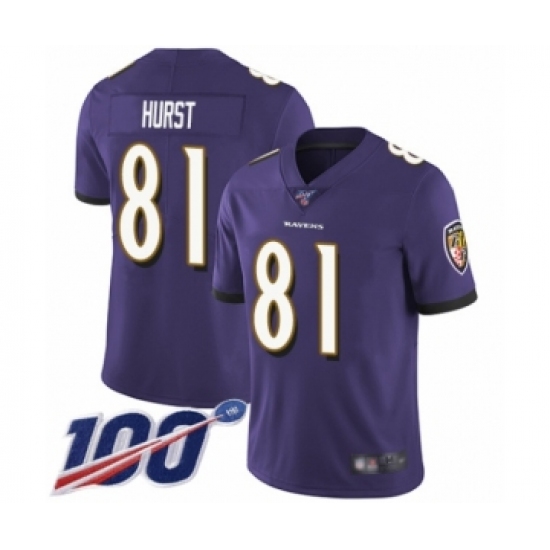 Men's Baltimore Ravens #81 Hayden Hurst Purple Team Color Vapor Untouchable Limited Player 100th Season Football Jersey - Ujersey