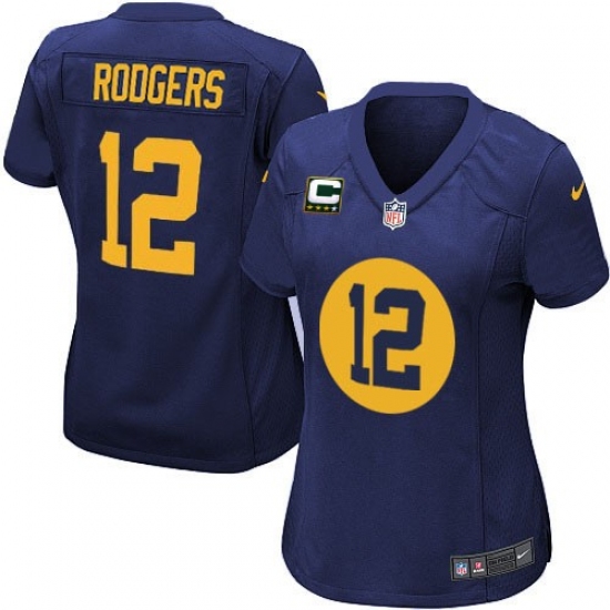Women's Nike Green Bay Packers #12 Aaron Rodgers Elite Navy Blue Alternate C Patch NFL Jersey - Ujersey