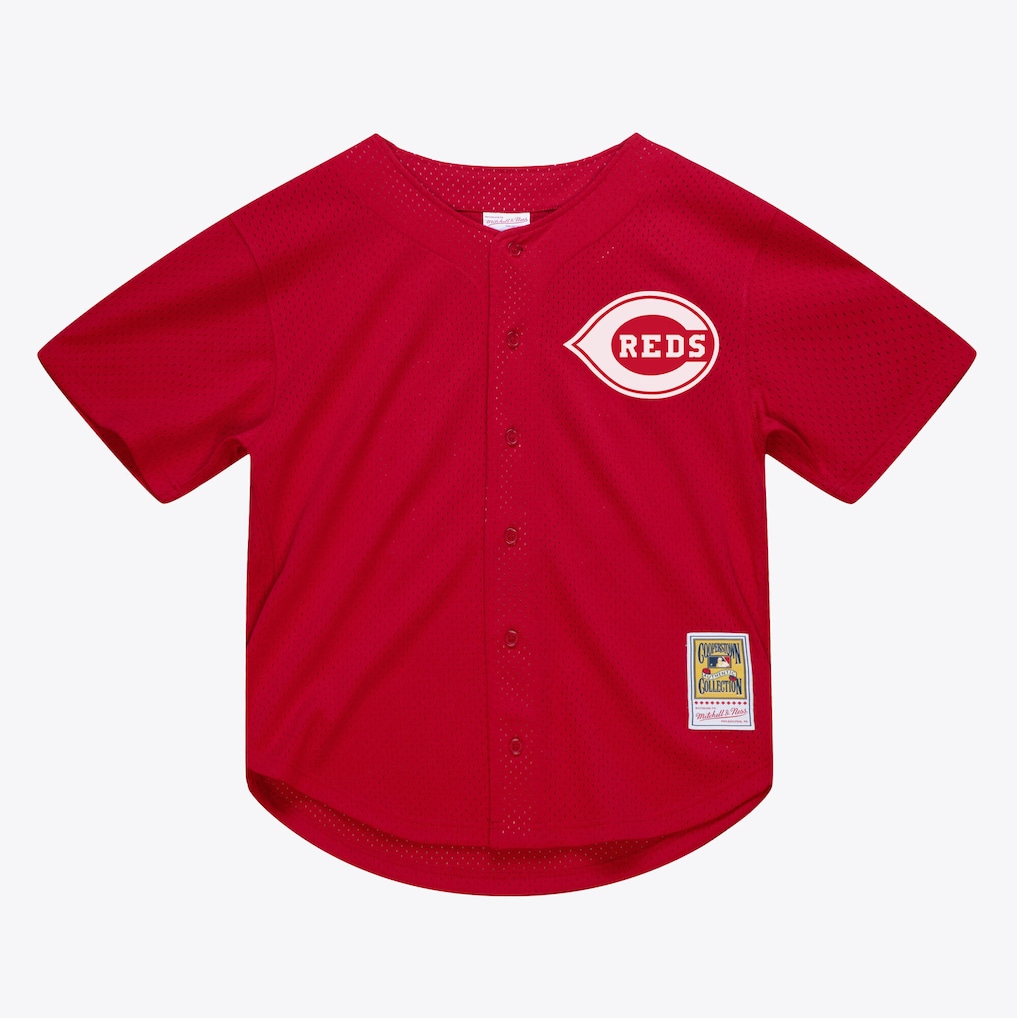 Men's Cincinnati Reds Deion Sanders Mitchell & Ness Red Cooperstown Mesh Batting Practice Button-Up Jersey - ujerseystore
