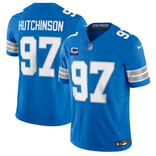 Men's Detroit Lions #97 Aidan Hutchinson Blue 2025 F.U.S.E. With 2-Star C Vapor Limited Football Stitched Game Jersey - Ujersey