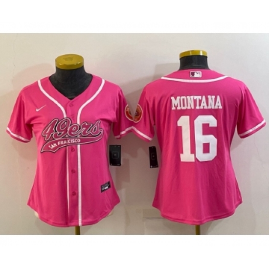 Women's San Francisco 49ers #16 Joe Montana Pink With Patch Cool Base Stitched Baseball Jersey - Ujersey