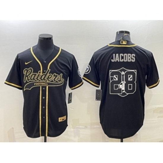 Men's Las Vegas Raiders #28 Josh Jacobs Black Gold Team Big Logo With Patch Cool Base Stitched Baseball Jersey - Ujersey