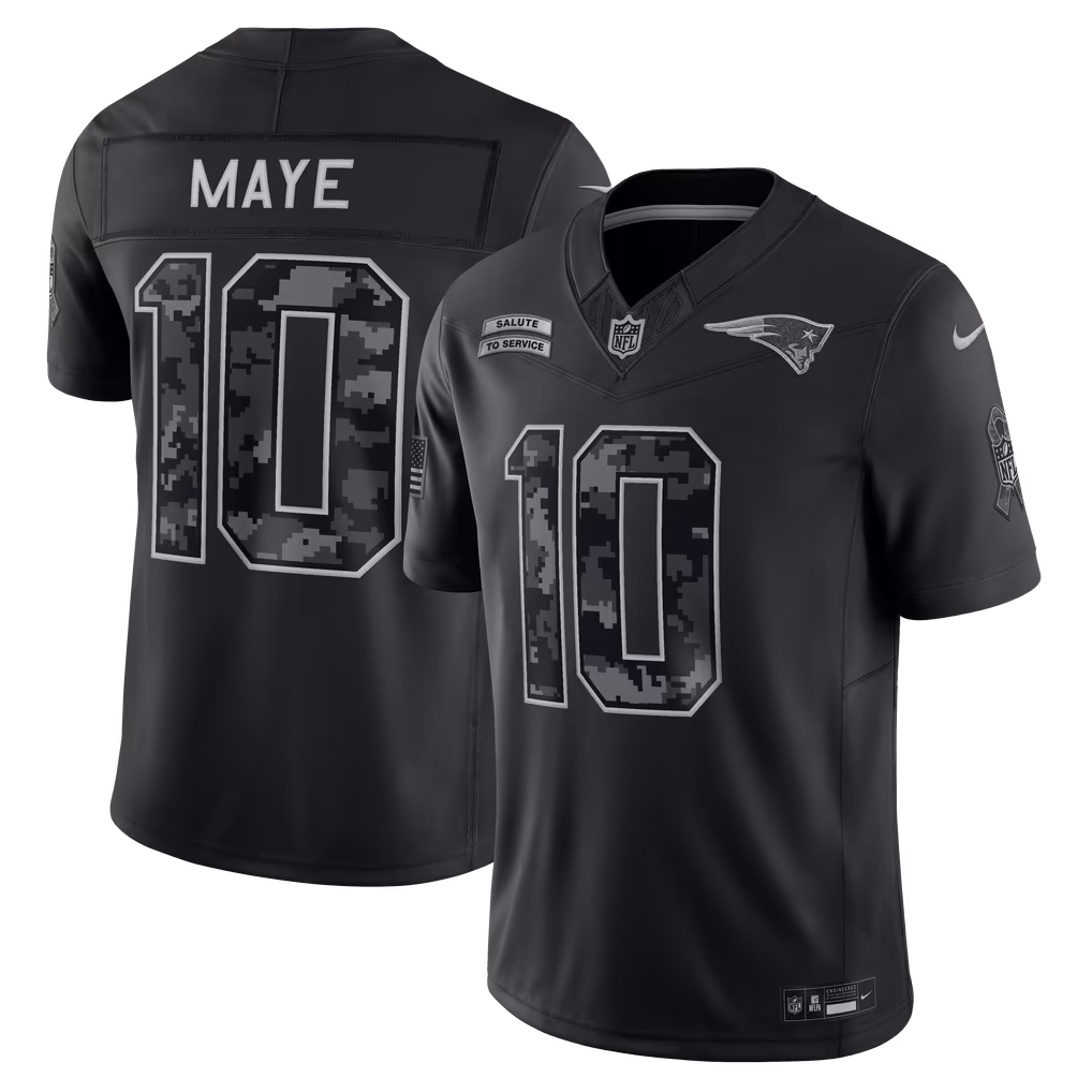 Men's New England Patriots Drake Maye Nike Black 2026 Salute to Service Stitched Limited Jersey - SUjersey01