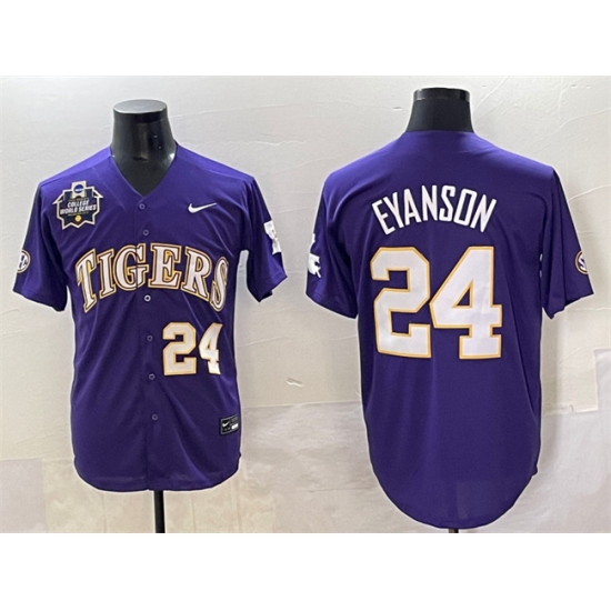 Men's LSU Tigers #24 Anthony Eyanson Purple 2025 World Series & SEC Patch Stitched Baseball Jersey - Ujersey