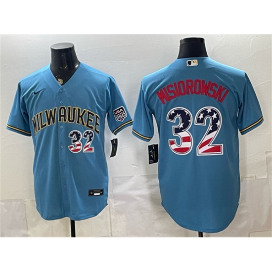 Men's Milwaukee Brewers #32 Jacob Misiorowski Blue 2026 USA 250 Fourth of July Home Stadium Stitched Baseball Jersey - Ujersey