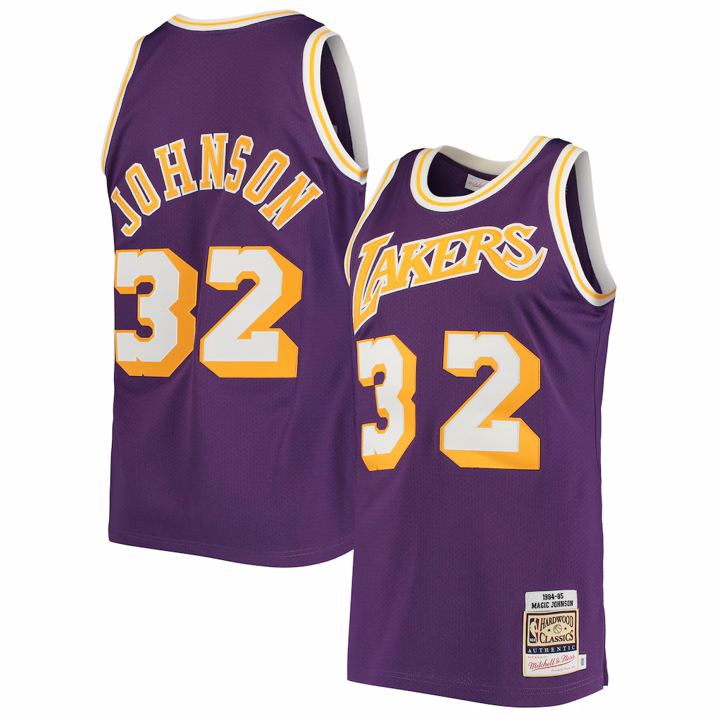 Men's Los Angeles Lakers Magic Johnson Mitchell & Ness Purple 1984/85 Hardwood Classics Authentic Jersey - Ujersey