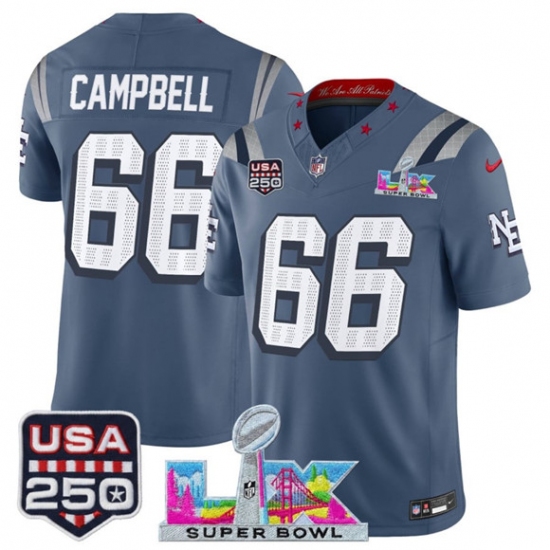 Men's New England Patriots #66 Will Campbell Storm Blue 2025 F.U.S.E. Super Bowl LX & USA 250 “Rivalries” Vapor Limited Football Stitched Jersey - Ujersey