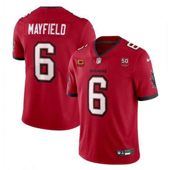 Men's Tampa Bay Buccaneers #6 Baker Mayfield Red 2025 50th Anniversary And 4-Star C Vapor Untouchable Limited Football Stitched Jersey - Ujersey