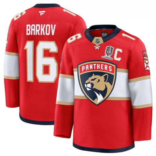 Men's Florida Panthers #16 Aleksander Barkov Red Home 2025 Stanley Cup Champions & C Stitched Hockey Jersey - Ujersey