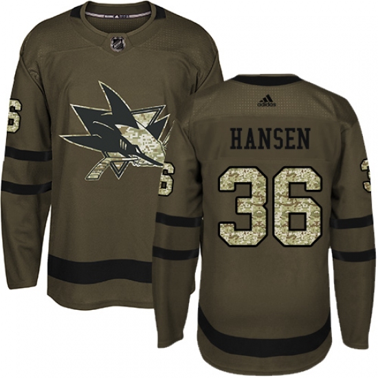 Youth Adidas San Jose Sharks #36 Jannik Hansen Authentic Green Salute to Service NHL Jersey - Ujersey