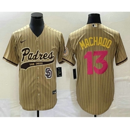 Men's San Diego Padres #13 Manny Machado Tan Pinstripe 2023 City Connect Cool Base Stitched Jersey 1