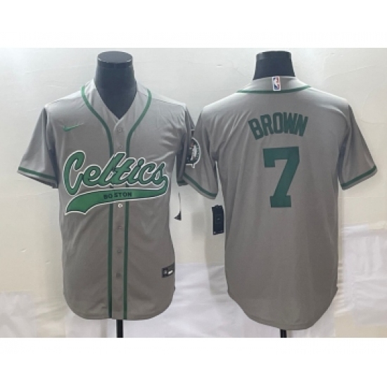 Men's Boston Celtics #7 Jaylen Brown Grey With Patch Stitched Baseball Jersey - Ujersey