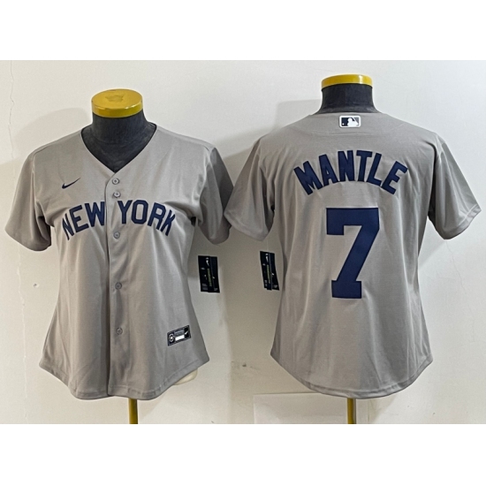 Women's New York Yankees #7 Mickey Mantle Name 2021 Grey Field of Dreams Cool Base Stitched Jersey - Ujersey