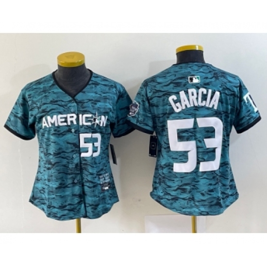 Women's Texas Rangers #53 Adolis Garcia Number Teal 2023 All Star Stitched Baseball Jersey