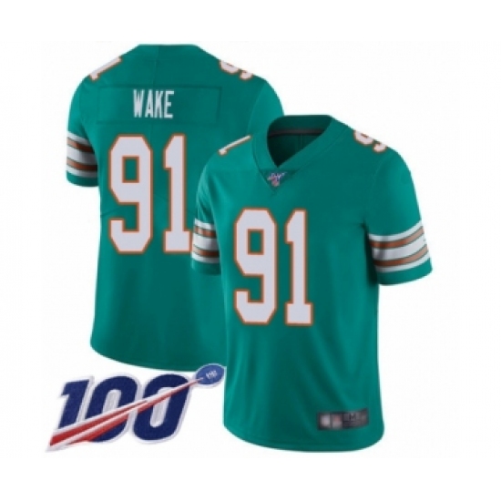Men's Miami Dolphins #91 Cameron Wake Aqua Green Alternate Vapor Untouchable Limited Player 100th Season Football Jersey - Ujersey