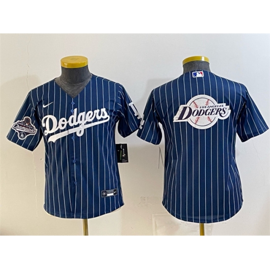 Youth Los Angeles Dodgers Team Big Logo Navy Pinstripe 2025 World Series Champions Cool Base Stitched Baseball Jersey - Ujersey