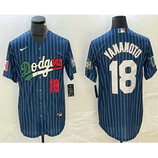 Men's Los Angeles Dodgers #18 Yoshinobu Yamamoto Number Navy Blue Pinstripe Mexico 2020 World Series Cool Base Nike Jersey1 - Ujersey