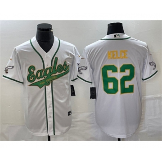 Men's Nike Philadelphia Eagles #62 Jason Kelce White Gold Cool Base Baseball Stitched Jersey - Ujersey