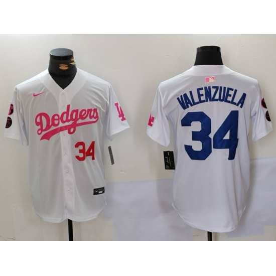 Men's Los Angeles Dodgers #34 Fernando Valenzuela White Pink Vin & Kobe Stitched Baseball Jersey1 - Ujersey