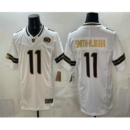 Men's Seattle Seahawks #11 Jaxon Smith-Njigba White Gold 2025 FUSE 50th Season Limited Stitched Jersey