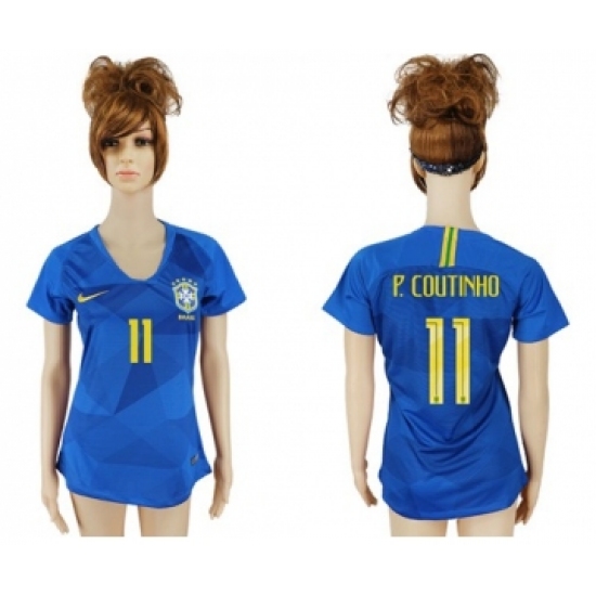 Women's Brazil #11 P.Coutinho Away Soccer Country Jersey