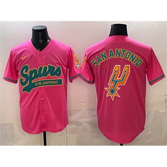 Men's San Antonio Spurs Team Big Logo Pink Stitched Baseball Jersey - Ujersey