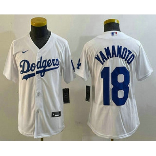 Youth Los Angeles Dodgers #18 Yoshinobu Yamamoto White Stitched Cool Base Nike Jersey - Ujersey