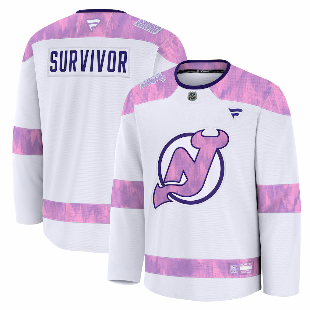 Men's New Jersey Devils Fanatics White Hockey Fights Cancer Survivor Practice Jersey - ujerseystore