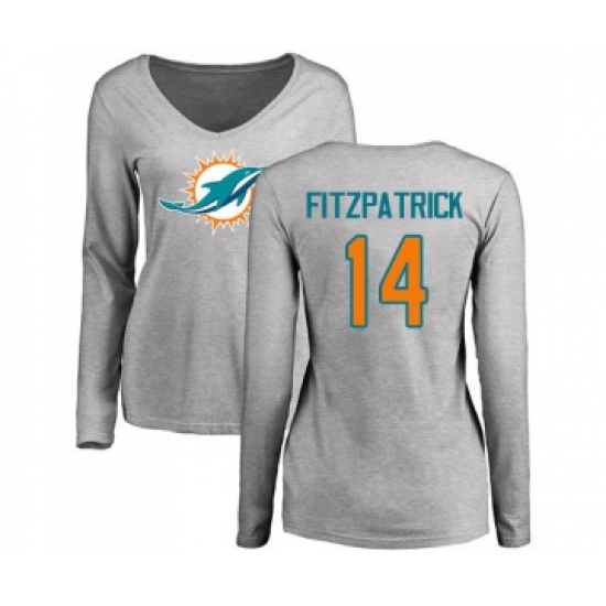 Football Women's Miami Dolphins #14 Ryan Fitzpatrick Ash Name & Number Logo Long Sleeve T-Shirt - Ujersey