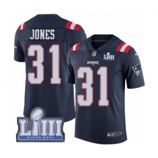 Men's Nike New England Patriots #31 Jonathan Jones Limited Navy Blue Rush Vapor Untouchable Super Bowl LIII Bound NFL Jersey - Ujersey