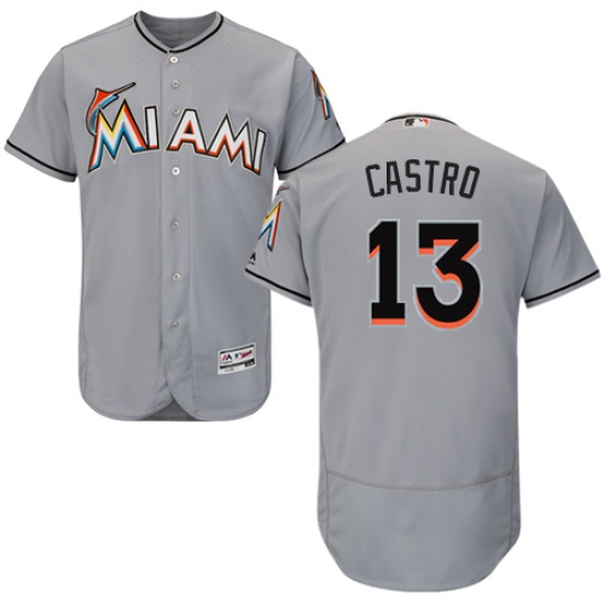 Men's Majestic Miami Marlins #13 Starlin Castro Grey Road Flex Base Authentic Collection MLB Jersey - Ujersey
