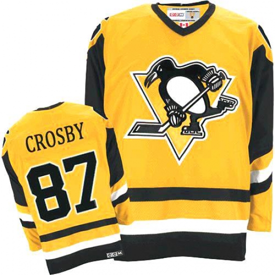 Men's CCM Pittsburgh Penguins #87 Sidney Crosby Premier Yellow Throwback NHL Jersey - Ujersey